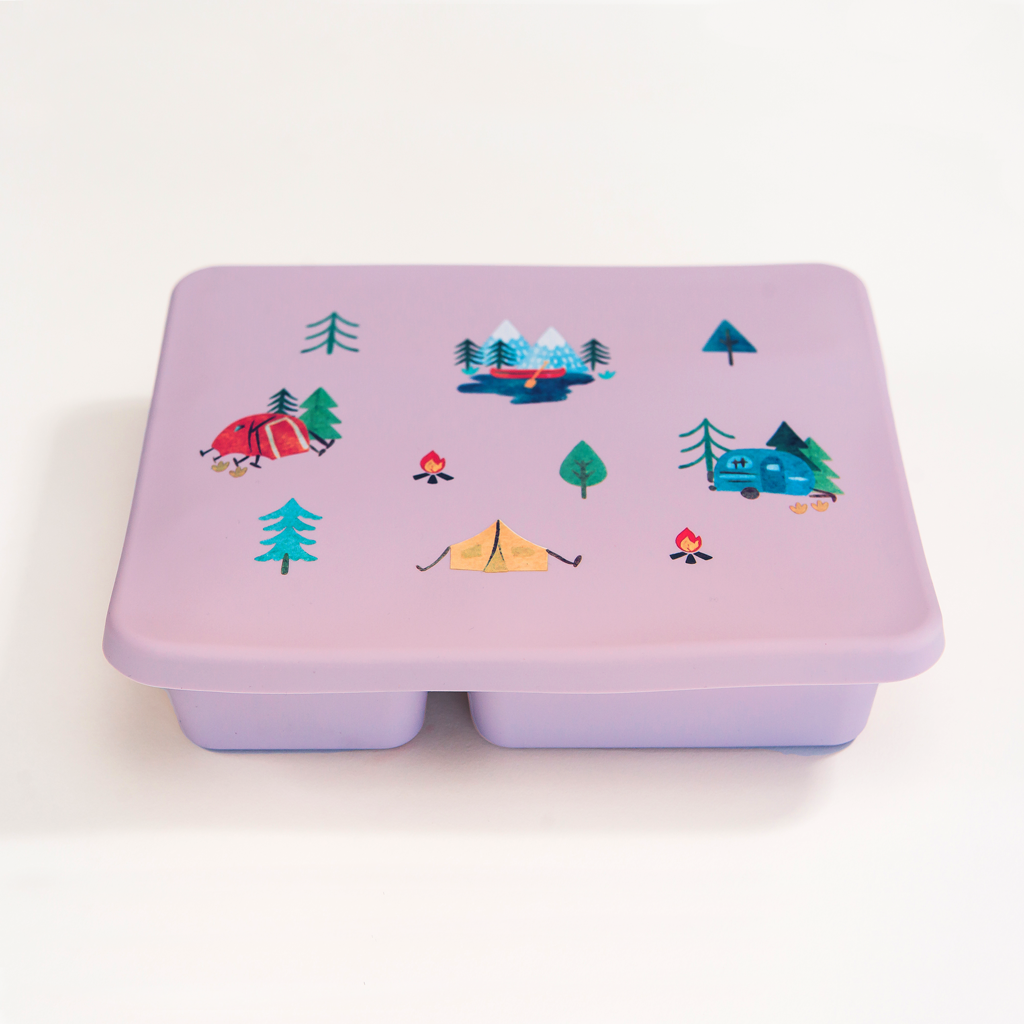 violet bento lunch box with camping print