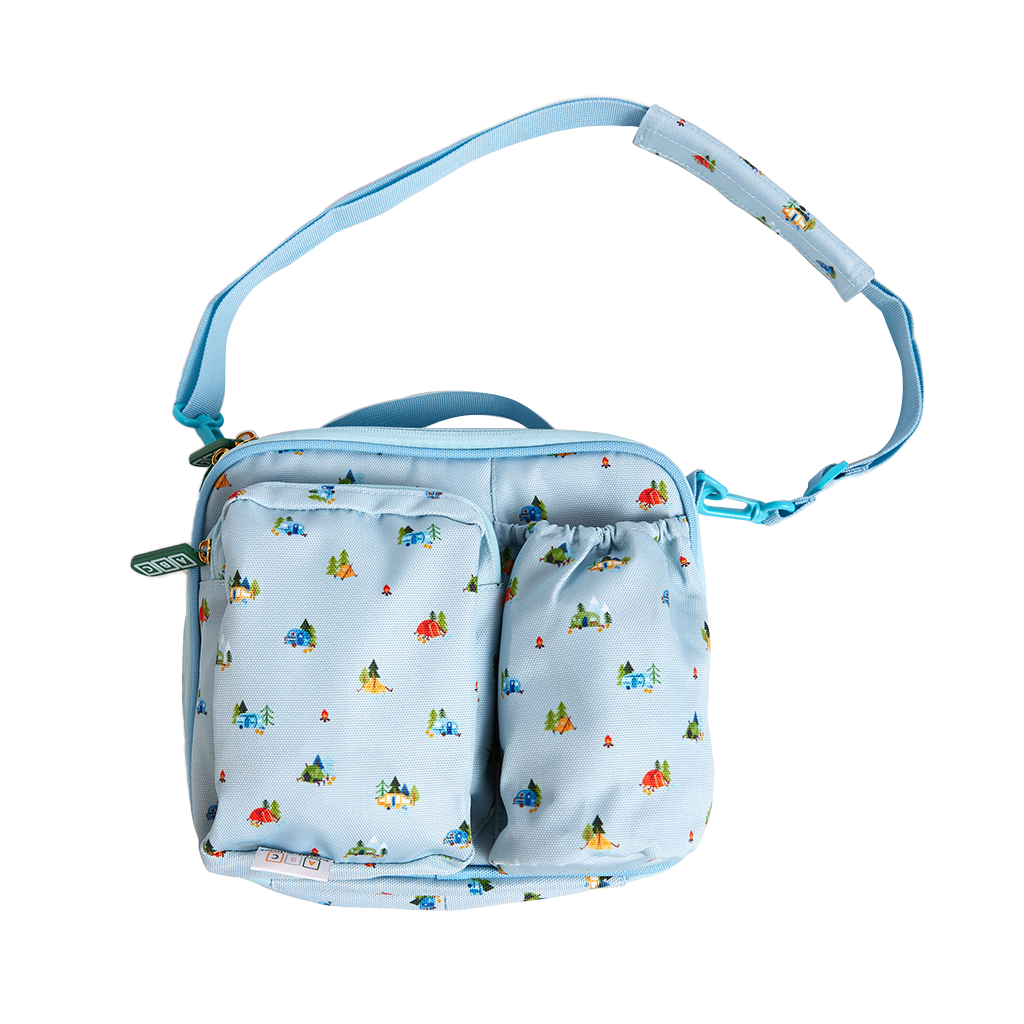 blue lunch bag with camping print