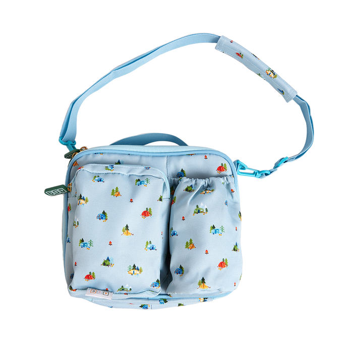 blue lunch bag with camping print
