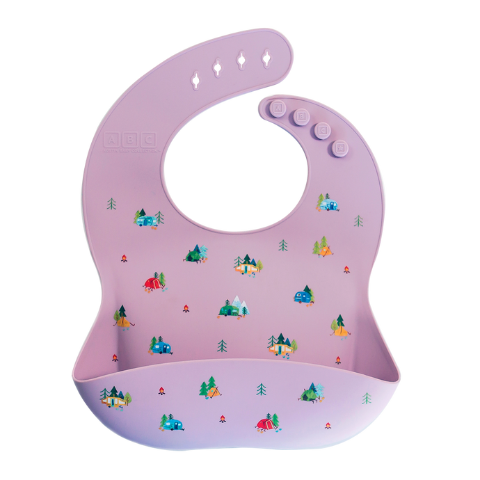 violet silicone feeding bib with front pocket in camping print