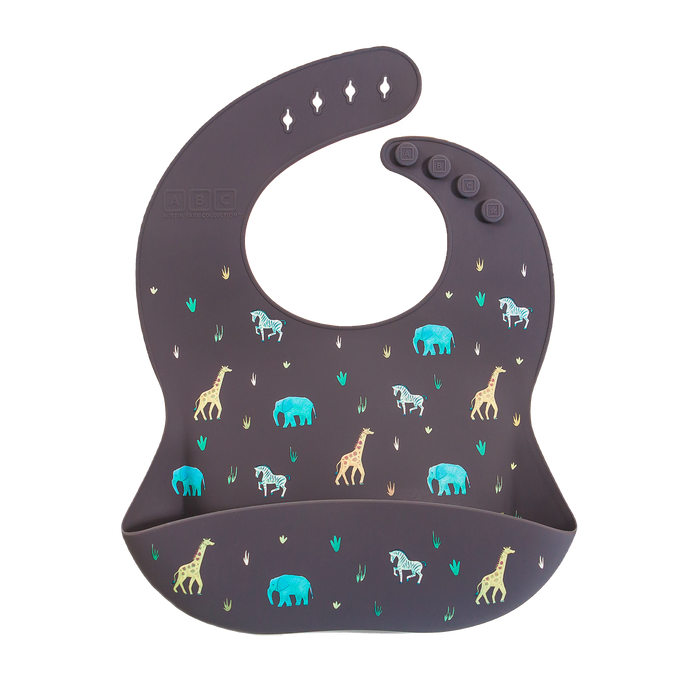 faded black silicone feeding bib with front pocket in safari animal print