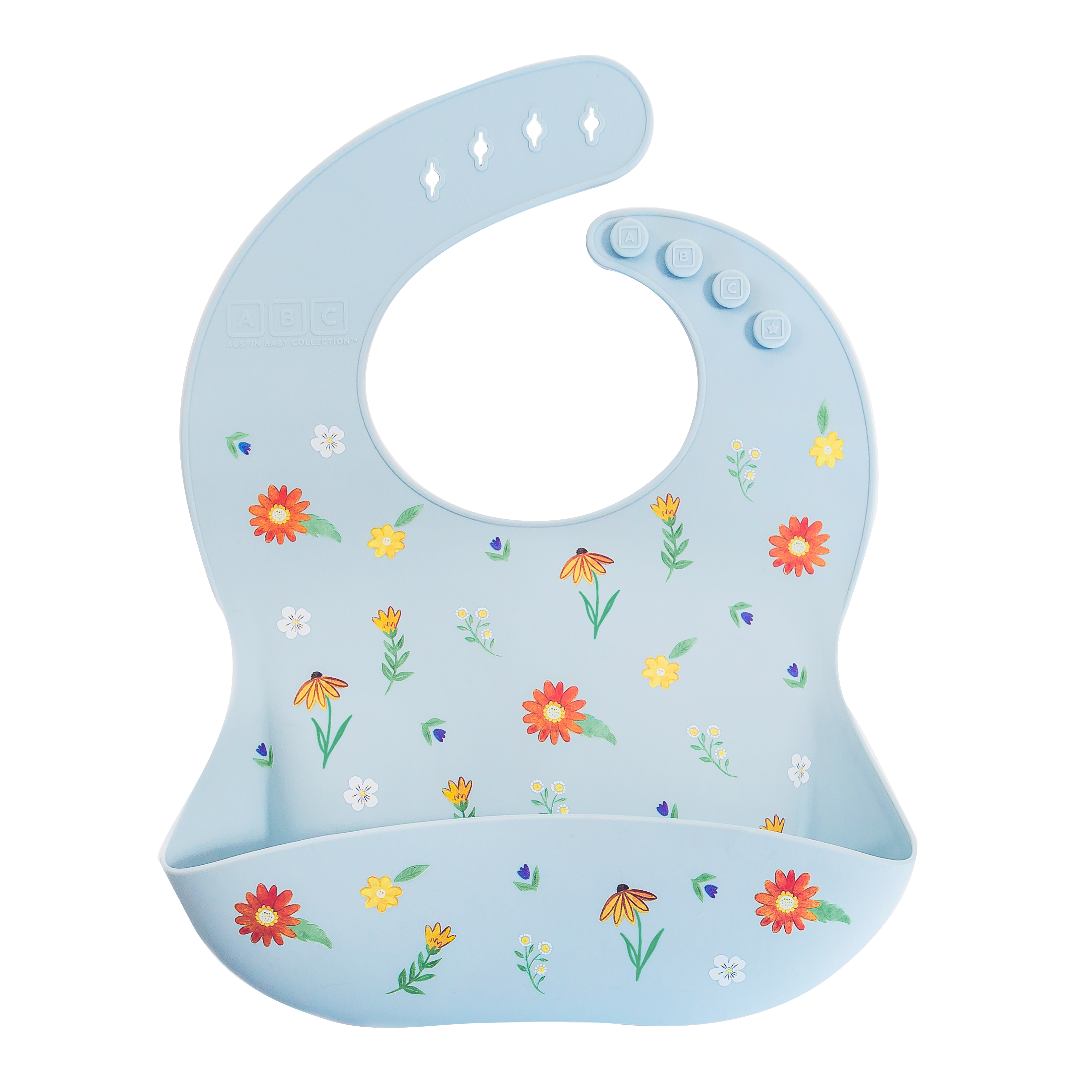 light blue silicone feeding bib with front pocket in wildflower print