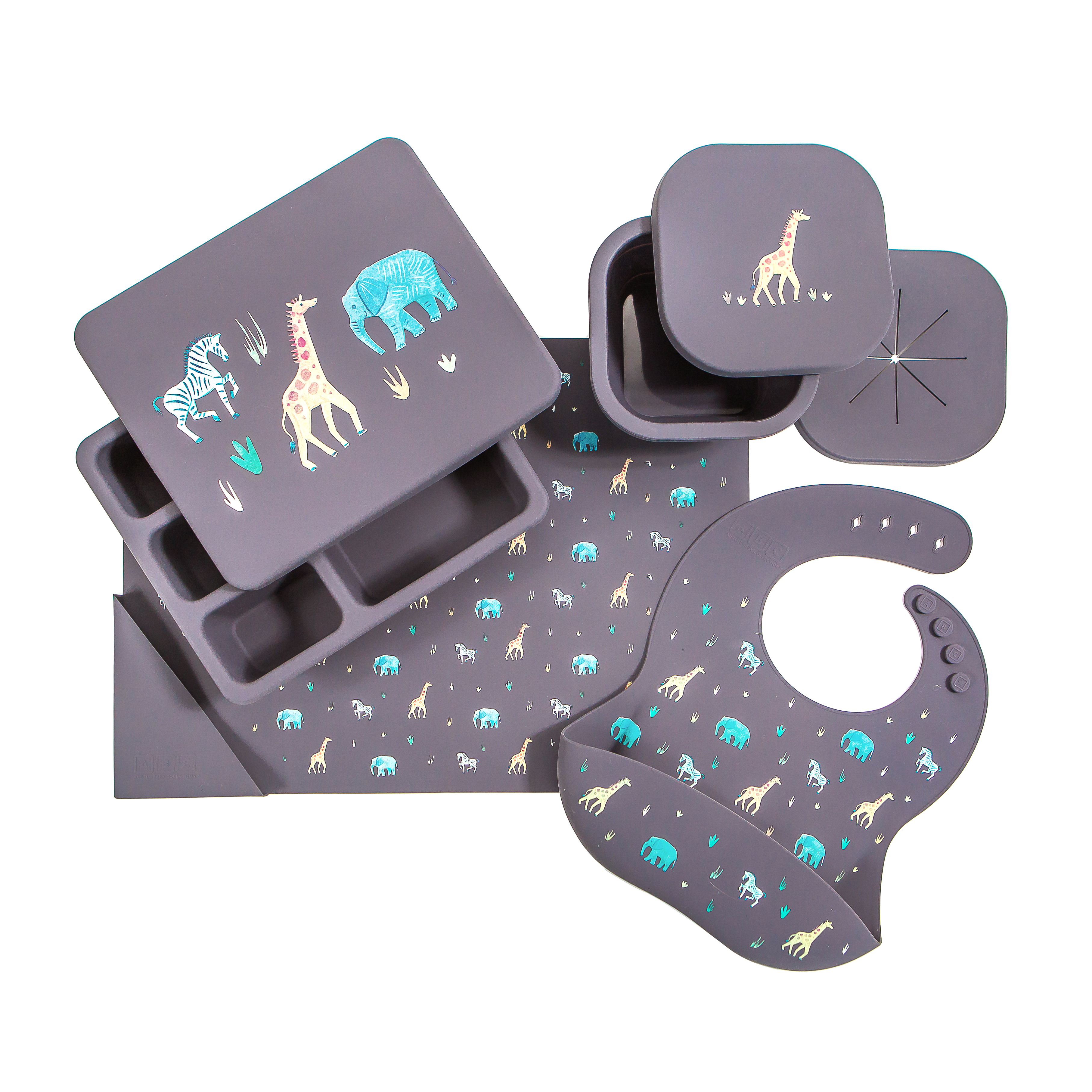faded black safari animal print silicone gift set with lunch bento box, snack bowl, feeding bib, and placemat
