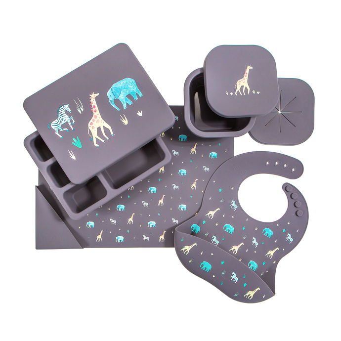 faded black safari animal print silicone gift set with lunch bento box, snack bowl, feeding bib, and placemat