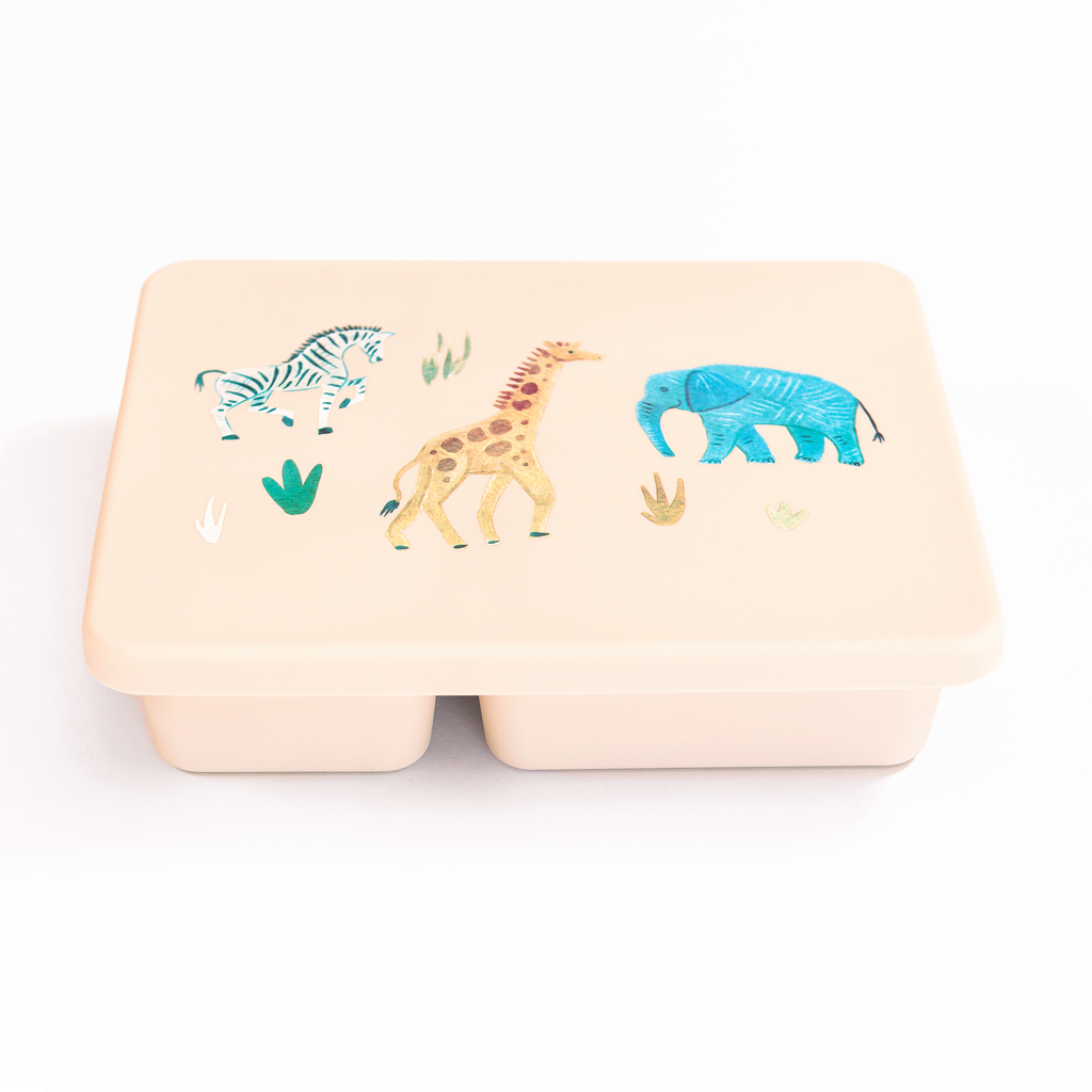 cream bento lunch box with safari animal print
