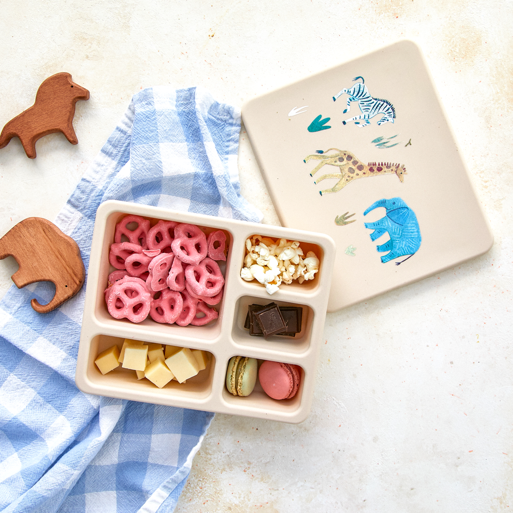 cream bento lunch box with safari animal print