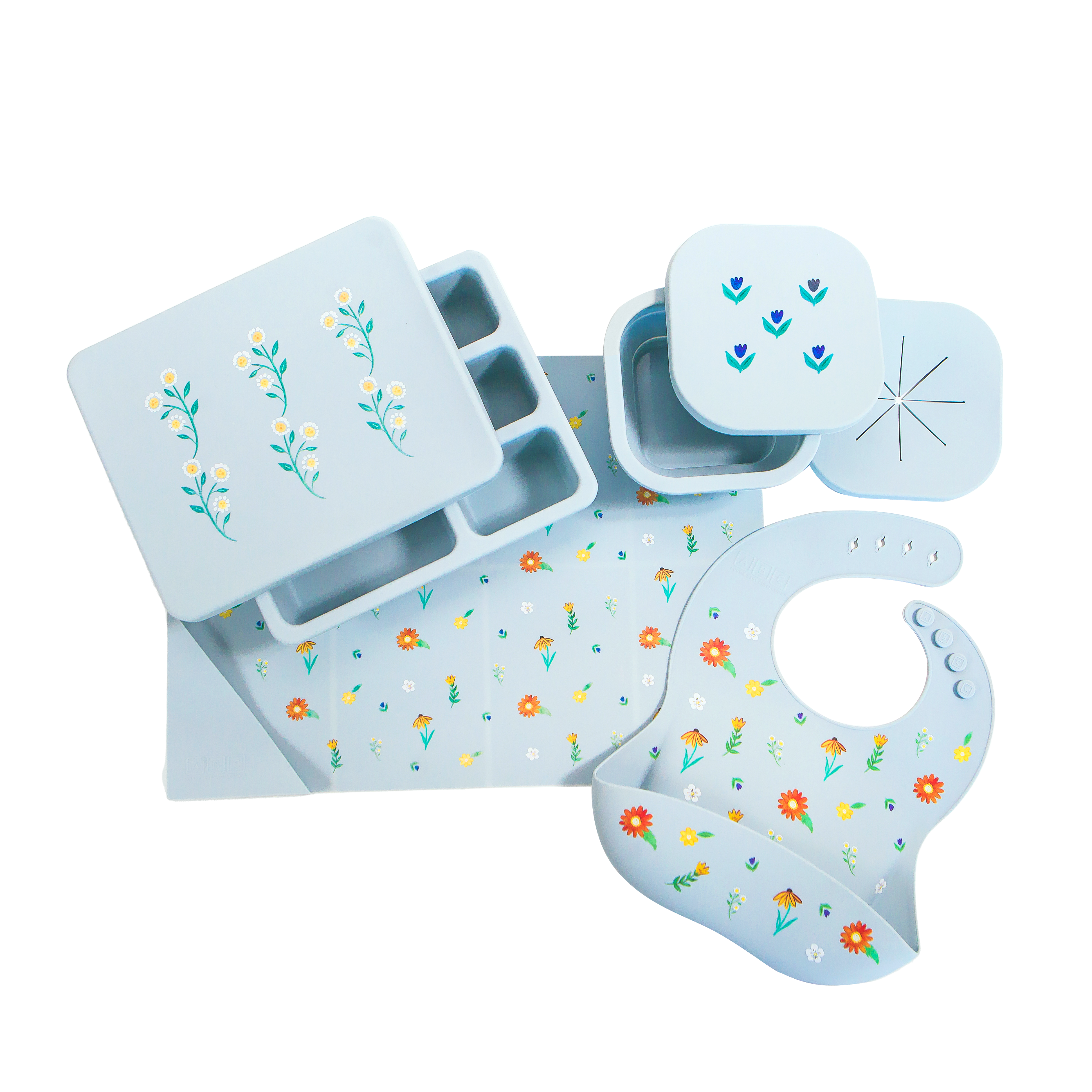 light blue wildflower silicone gift set with lunch bento box, snack bowl, feeding bib, and placemat