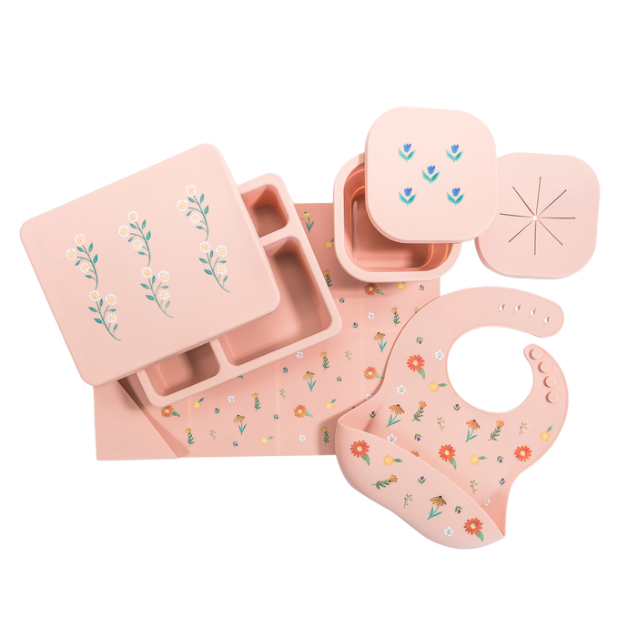 pink wildflower silicone gift set with lunch bento box, snack bowl, placemat, and feeding bib